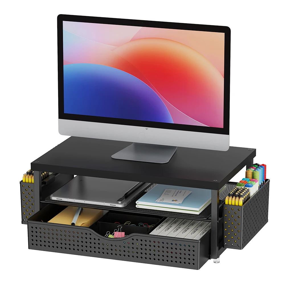 2-Tier Computer Monitor Stand Riser with Drawer and 2 Pen Holders Desk Organizer Computer Stand Office Desk Accessories