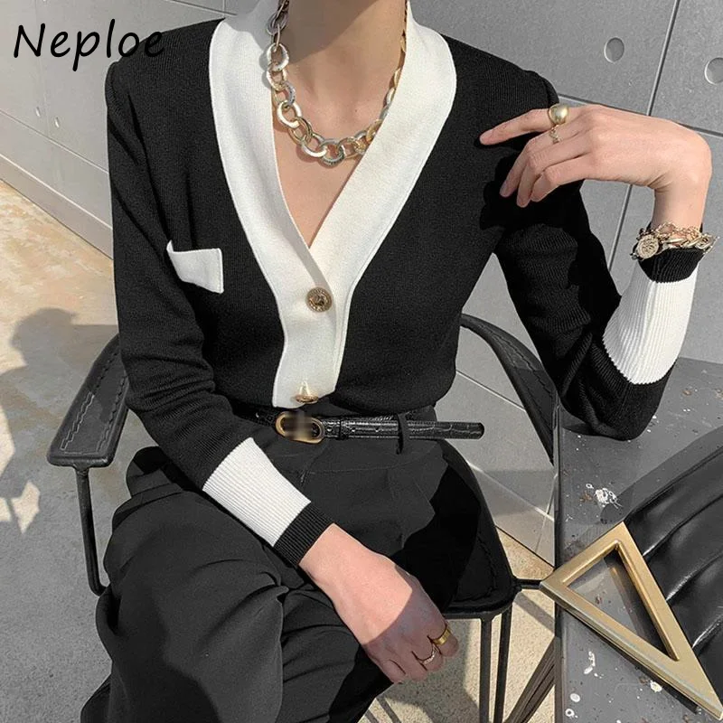 Neploe Hit Color Patchwork Knit Pullover Sweater Women V Neck Long Sleeve Pull Femme Spring 2024 New Ol Sueter Feminino