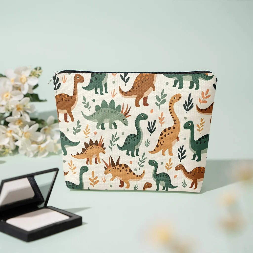 Cute Cartoon Dinosaur Green Leaf Print Cosmetic Bag Zipper Makeup Pouch Portable Travel Storage Bag Dino Lover Gift
