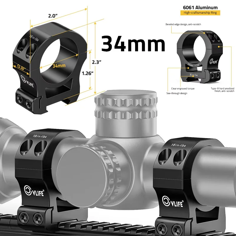 

34mm Scope Rings 2 Pcs Medium High Profile 1.26" 1.45 " Height Mount for Picatinny Rail Hunting