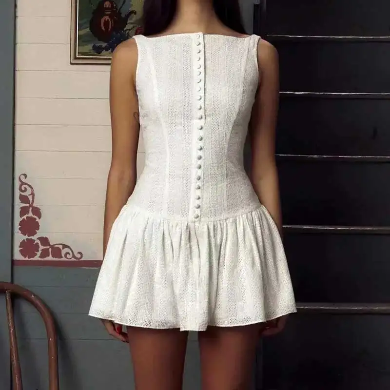 Boho Inspired mini white dress for women cotton sleeveless drop-waist eyelet summer dress buttons down new sexy party dresses