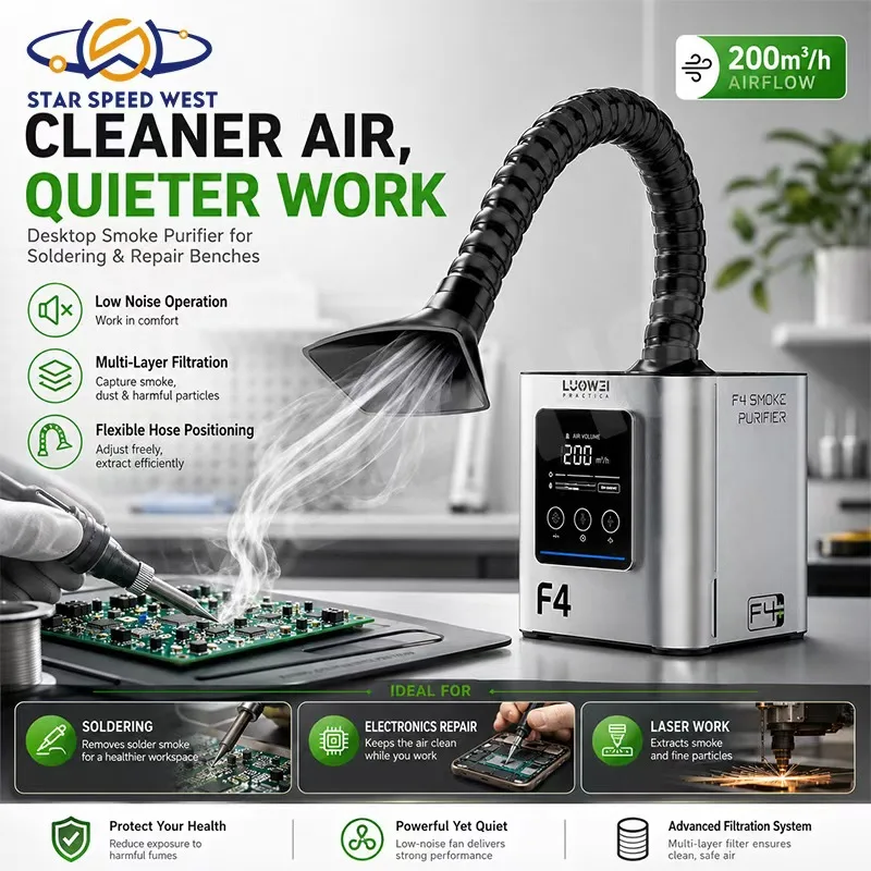 Machine de nettoyage de fumée LUOWEI LW-F4 avec option de tuyau flexible ou rigide, ventilateur vortex haute puissance pour la réparation industrielle d'électronique.
