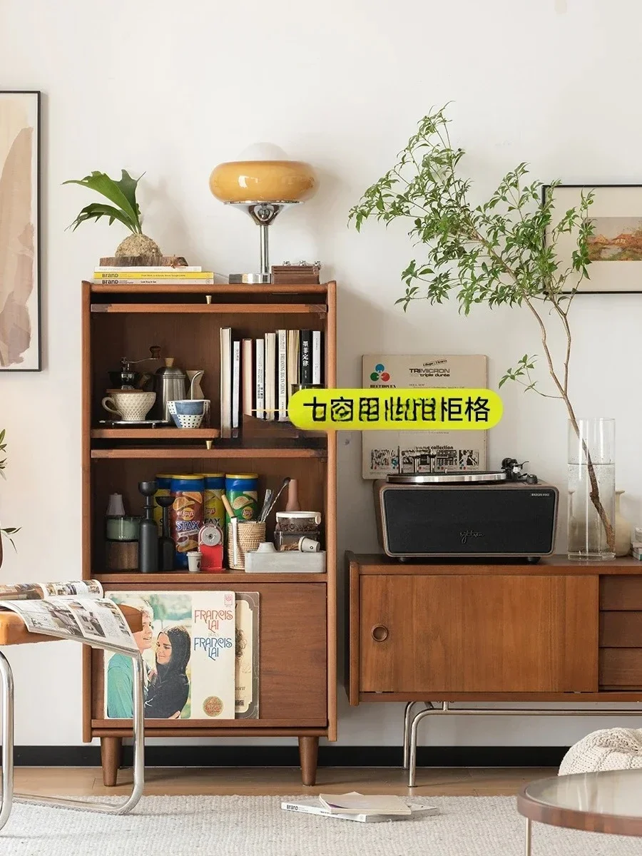 Solid wood bookcase Japanese-style living room medieval magazine storage cabinet Nordic retro floor storage small side cabinetAs