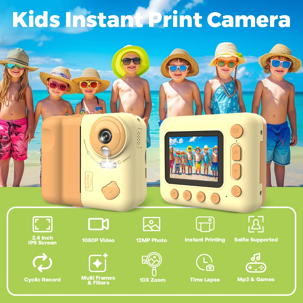 Kids Instant Print Camera 2.4 inch 1080P Digital Camera 10X Zoom Instant Photo Printing Video Camera Children's Educational Toys