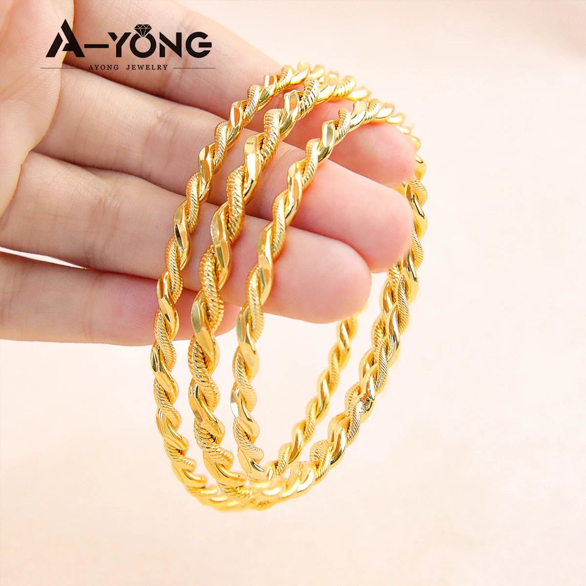 Dubai Gold Color Bangles 18k Gold Plated Copper Twist Bracelet Diameter 60/65/70mm Arab Women Wedding Luxury Vintage Jewelry