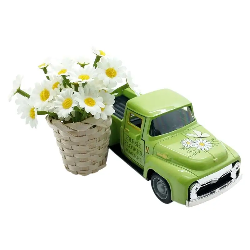 Mini Flower Basket Truck Display Piece with Push Rolling Pickup Form, Shelf Model for Desk, Cabinet, and Indoor Arrangement D2RD