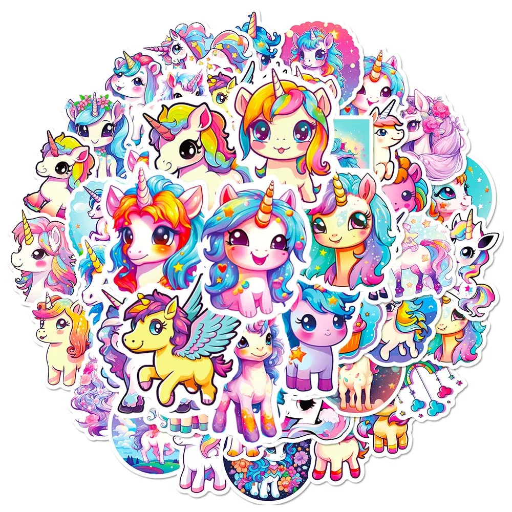 Cartoon Rainbow Unicorn Stickers Pack para crianças, Scrapbooking, laptop, viagem, bagagem, parede, carro, decoração, decalque, 10 pcs, 50pcs