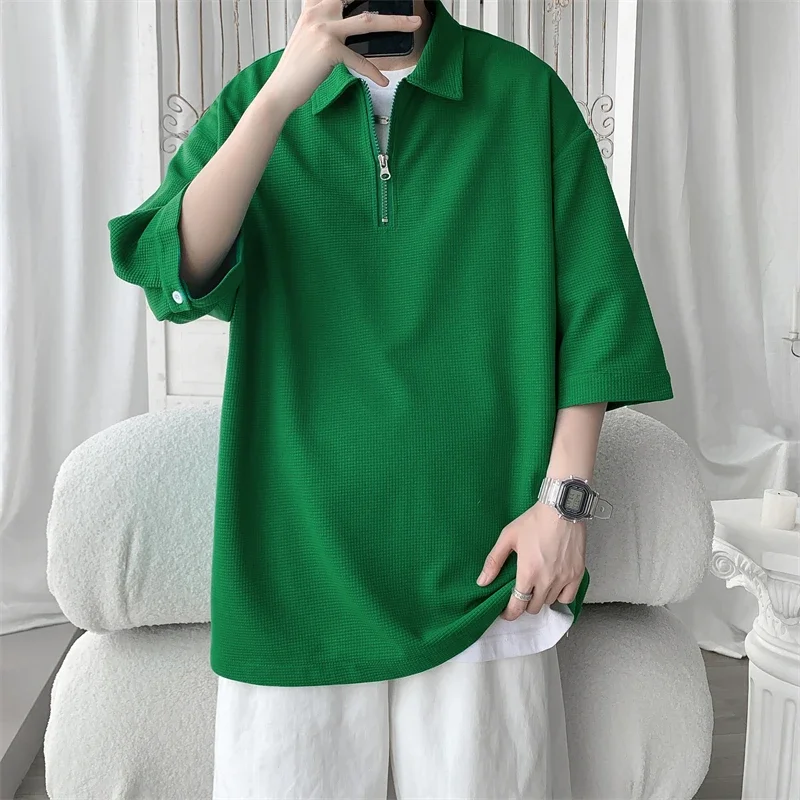 LIBIELIY Summer Men's Casual Quarter Zipper Polo Shirts Knit Short Sleeve Golf Polo T Shirt Black White Green