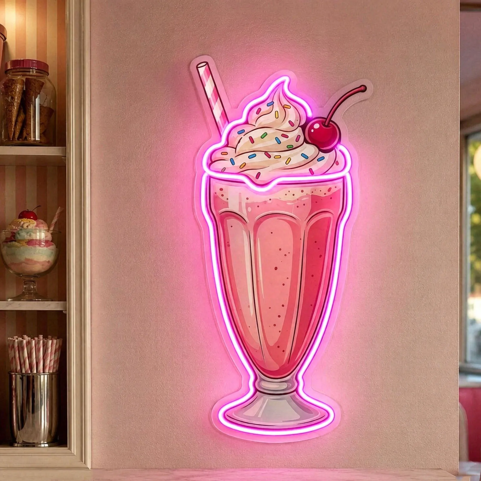 Strawberry Milkshake Led Neon Sign,Tasty Dessert Wall Art Decor For Retro Kitchen Bar,Fresh Fruit Drink Wall Art,Juice Bar Sign