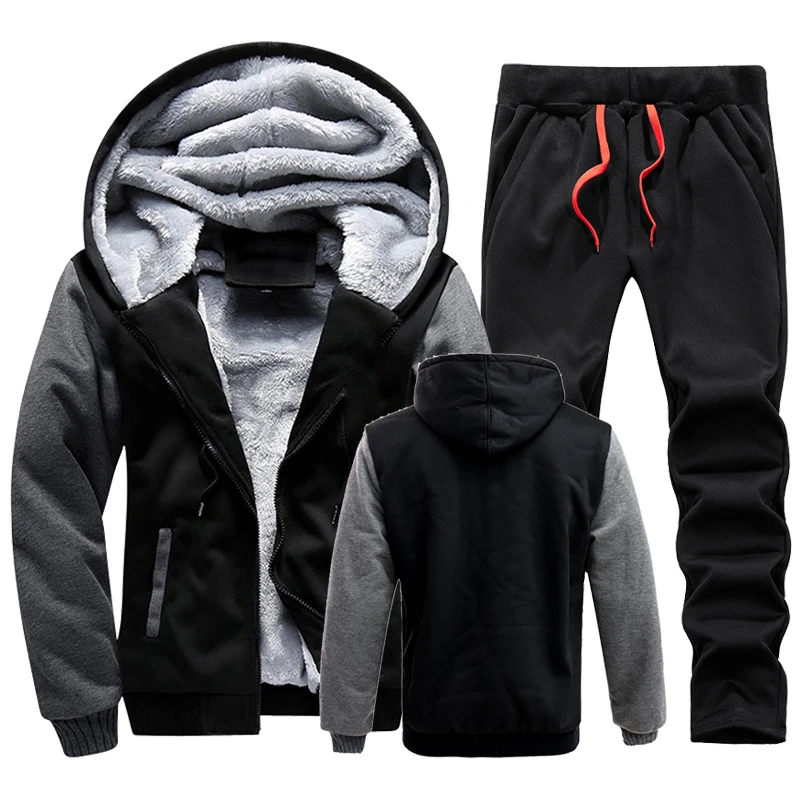 Männer Winter Trainingsanzug Sets Dicke Warme Jacke Zipper Mit Kapuze Sweatshirt Mantel + Hosen Marke Sportswear Casual Fleece Outwear Hoody