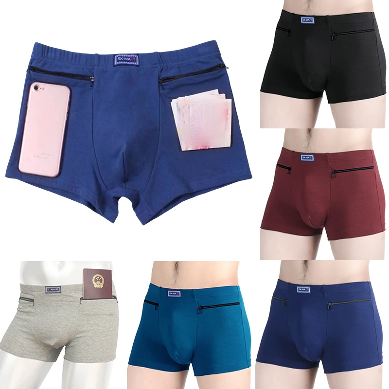 1pc Men's Pockets Underwear Anti-Theft Briefs Boxer Panties Two Zippers Pockets Cotton Underpants Men Boxers Briefs Booty Shorts