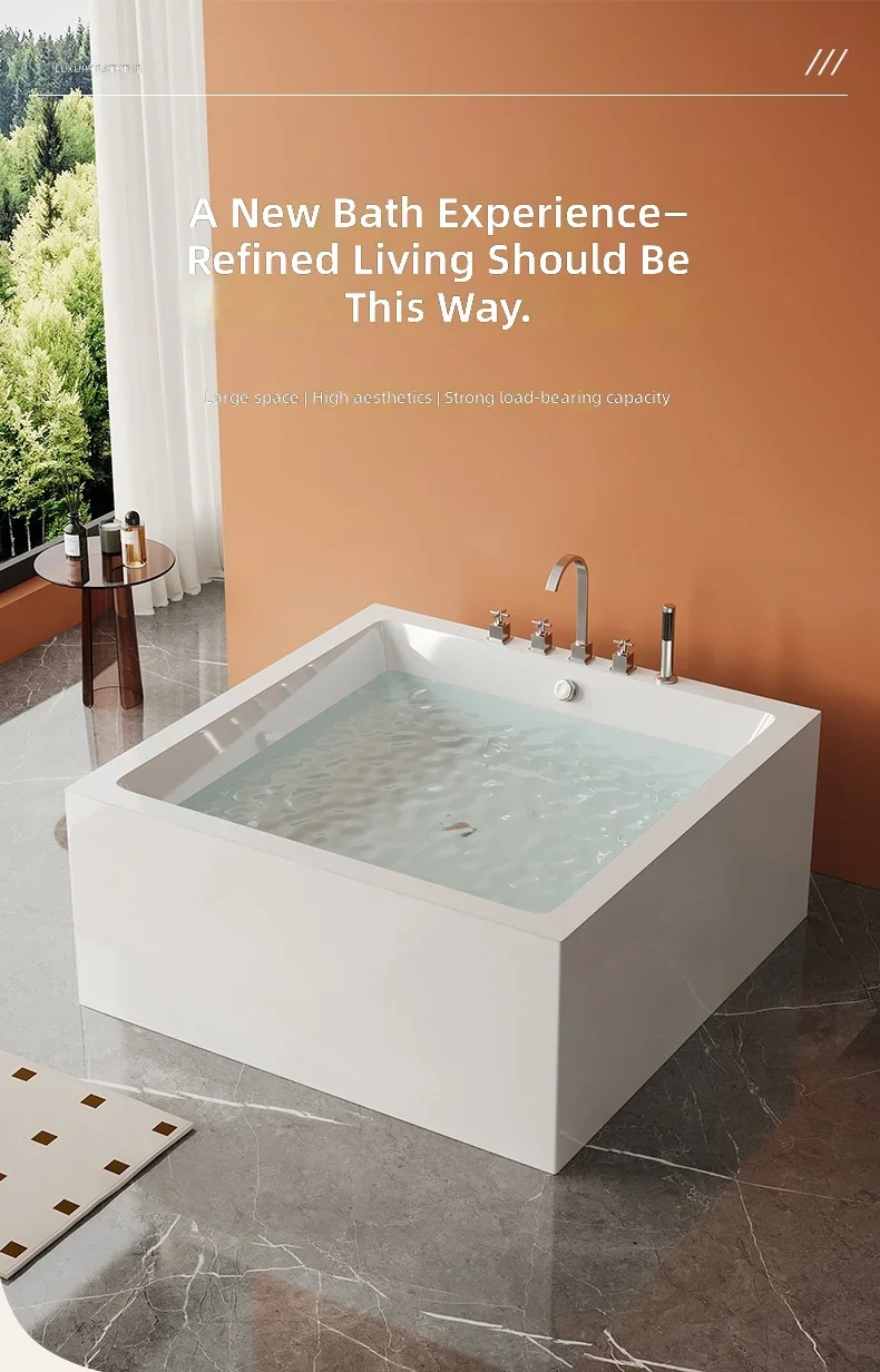 #Square Freestanding Acrylic Bathtub, Bubble Massage, Jetted Spa, Constant Temperature, for Hotel Villa Home Bathroom