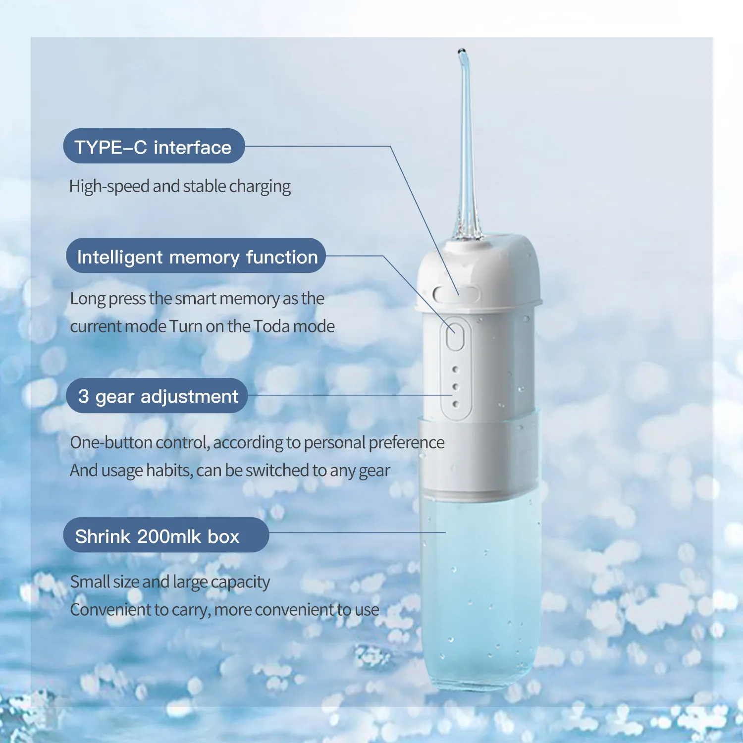 ZK20 Water Flosser Cordless Portable Oral Irrigator Dental Teeth Cleaner with 3 Modes 4 Jets Powerful Cleaning 200ML Water Tank