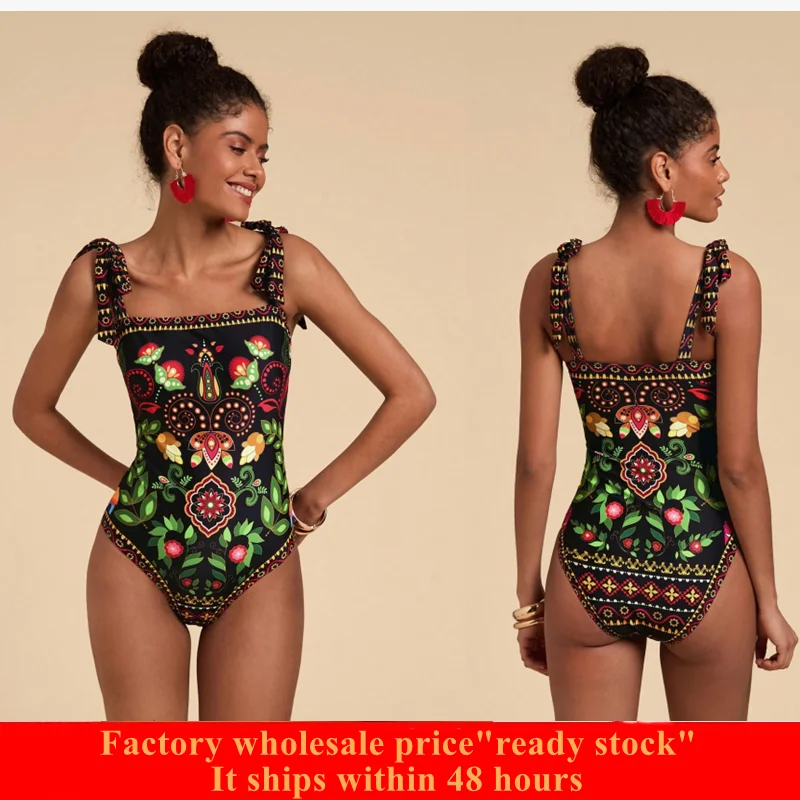 Bohemian High-End Swimwear Women's Printed One-Piece Swimsuit with Tie-Up Straps Bikini for a Beach Vacation