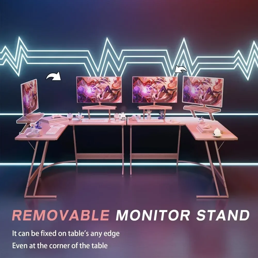 47 Inch Pink L-shaped L-shaped Office Desk Pink Standing Desk with Large Display Stand Pink Corner Desk image 2