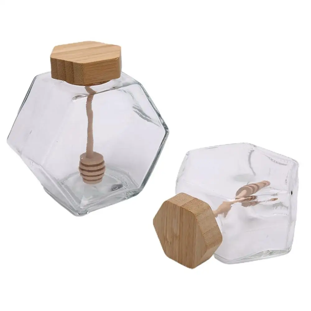Kitchen Home Transparent with Wooden Dipper Cork Lid Storage Container Honey Jar Honey Pot Dispenser