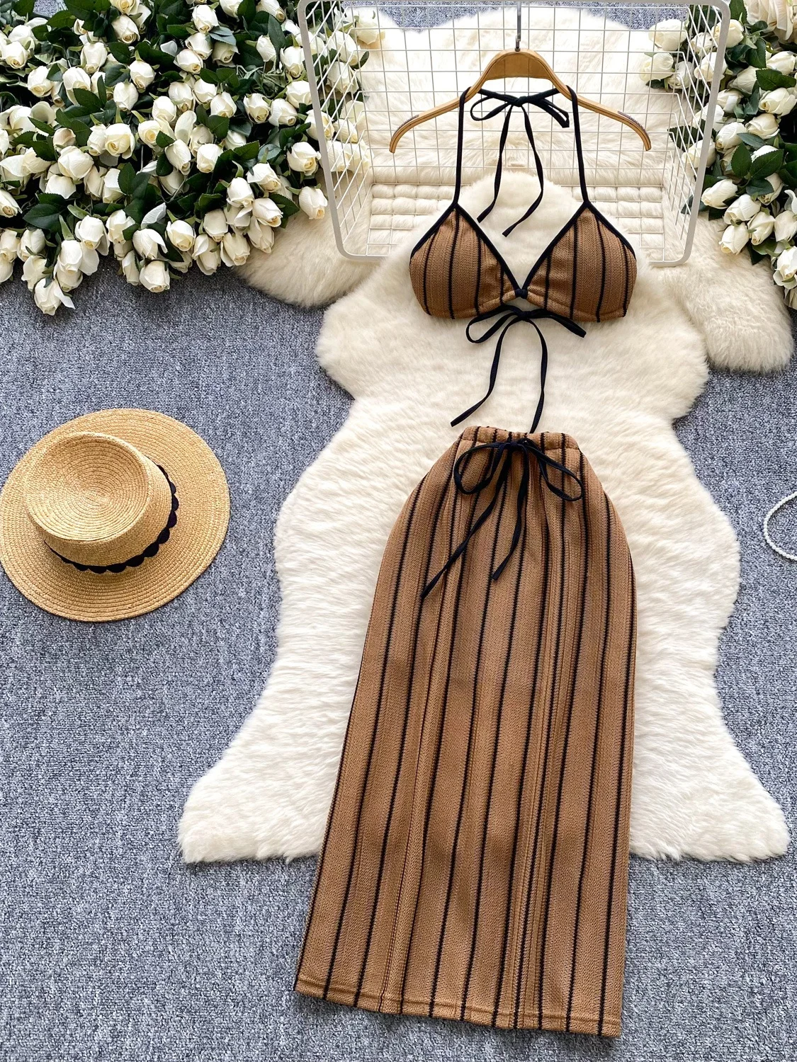 

Летний пляжный комплект Vaion Pure Desire, сексуальный комплект для девочек, женская юбка с запахом и высокой талией, V-ne ort Sve Hanging Ne Strap