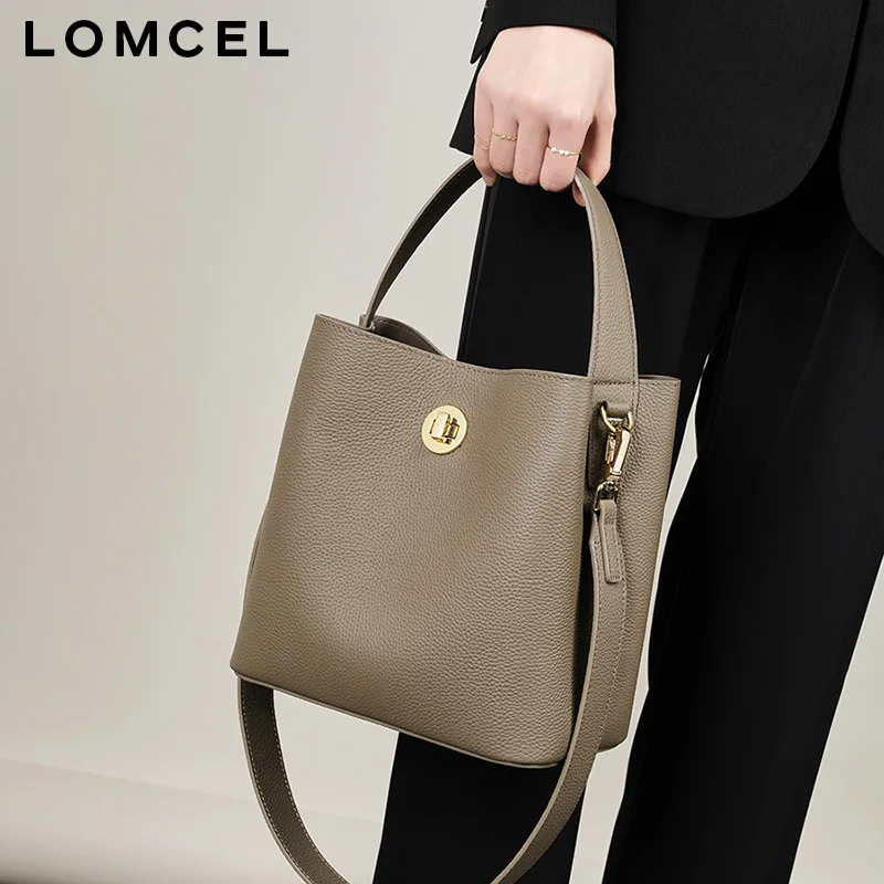LOMCEL 34 New autumn-winter style handbag for women. Bucket bag made of genuine leather. Women's shoulder bag with slanted strap