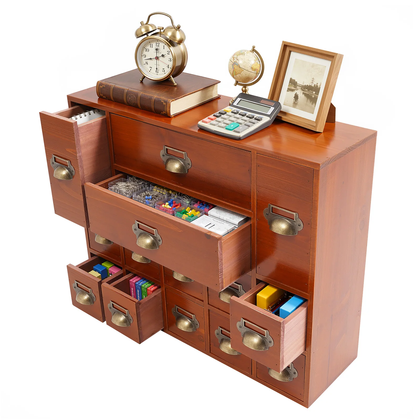 

14-Drawer Storage Cabinet, Vintage Iron & Wooden Desktop Organizer, Multifunctional Storage Box 21×6.3×16.7 in