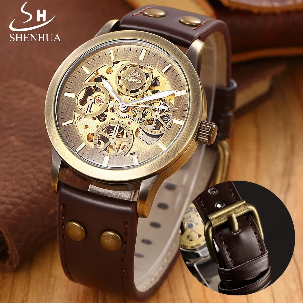 

SHENHUA Business Retro Bronze Skeleton Automatic Mechanical Watch Men Watches Luxury Luminous Pointer Waterproof Watch