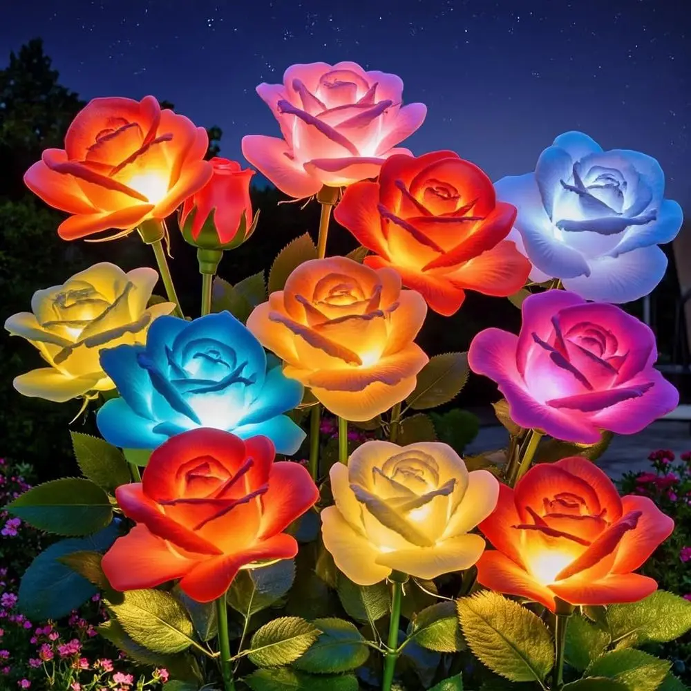 

6 Pack LED Lights Outdoor Garden Decor, 7 Color Changing Waterproof with 30 Bigger & Realistic Rose, Enlarged Size Panel for Pat