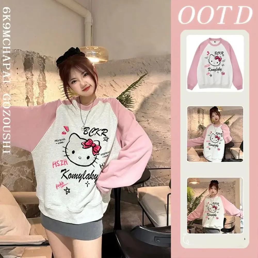 

Аниме Hello Kitty футболка с круглым вырезом Sanrioed Kawaii осень-зима флисовые топы с длинными рукавами для девочек студенческие топы хлопок Harajuku свободные
