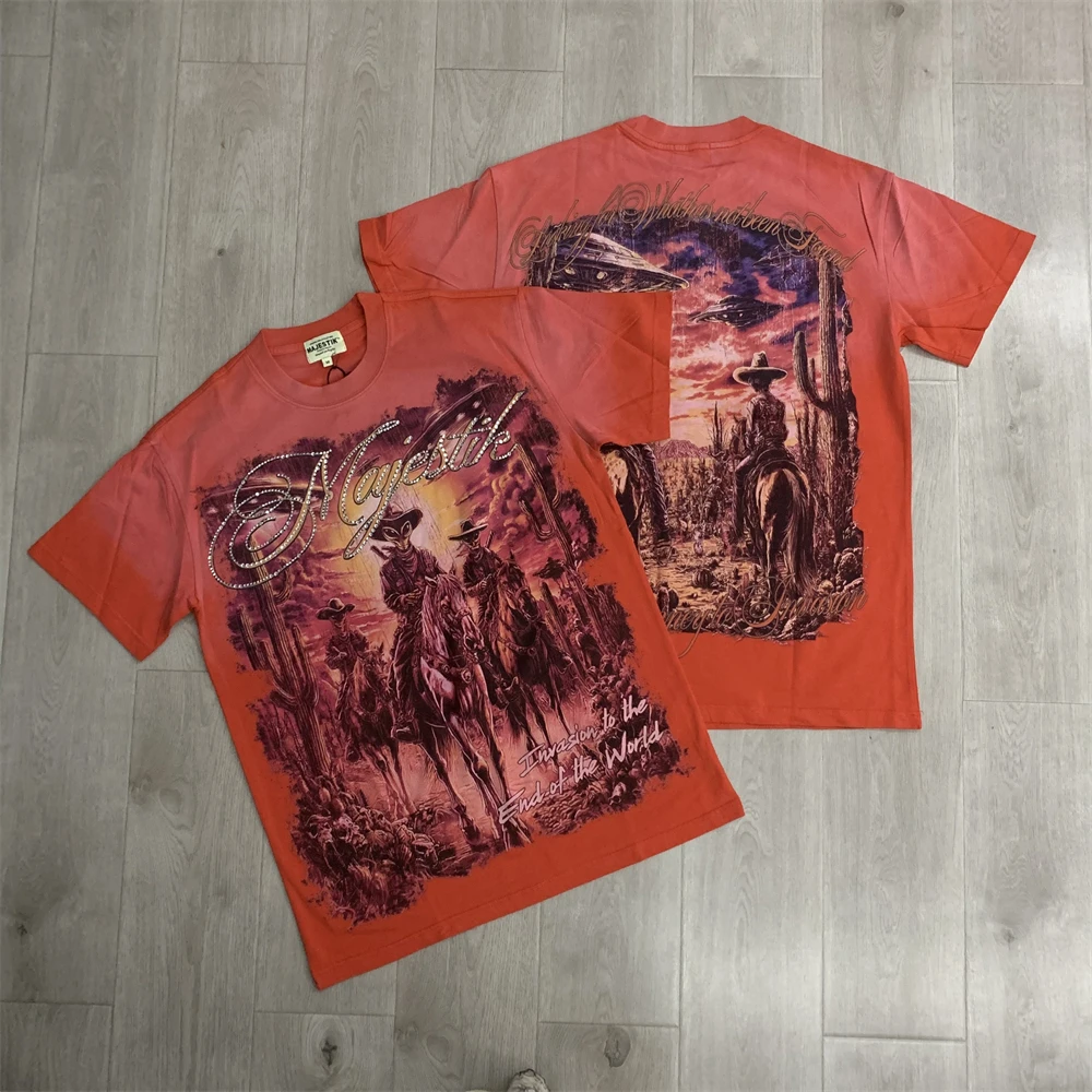 Washed Red MAJESTIK Hot Stamping Diamond Short Sleeved Alien Pattern T-shirt Men Women High Quality Tops Tee T Shirt
