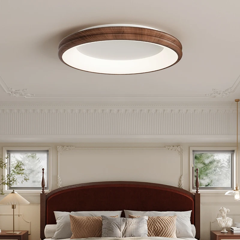 French Style Bedroom LED Ceiling Light Walnut Wood Color Retro Lamp Bedroom Living Room Dining Room Circular lighting fixture