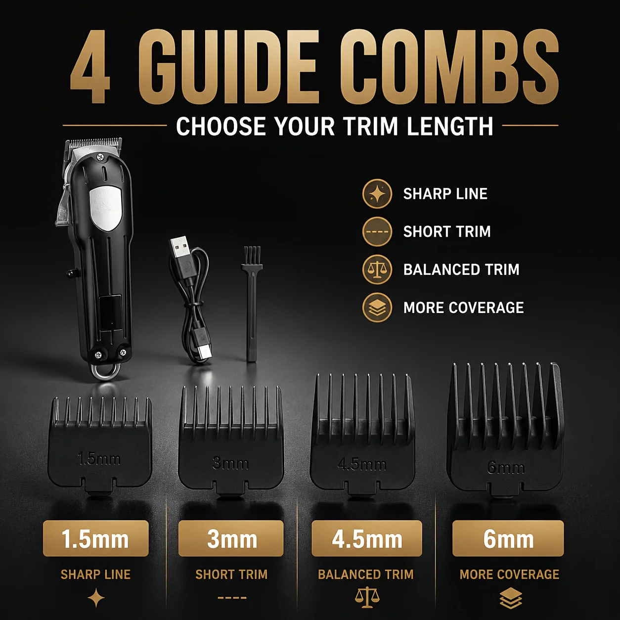 1 Hair Clipper, Choose 1 Out of Three Colors. Men's Electric Hair Clipper, Four Adjustable Guide Combs, Adjustable Cutting Length, Easier Hair Trimming, Digital Power Display, Type-C Charging, Push-Button Start, T-Shaped Blade Cordless Clipper, Suitable for Trimming Short Hair, Hairline, Sideburns, Back of Neck, Beard Outline, Home Hairdressing Tool, Multiple Colors Available, Exquisite and Stylish.