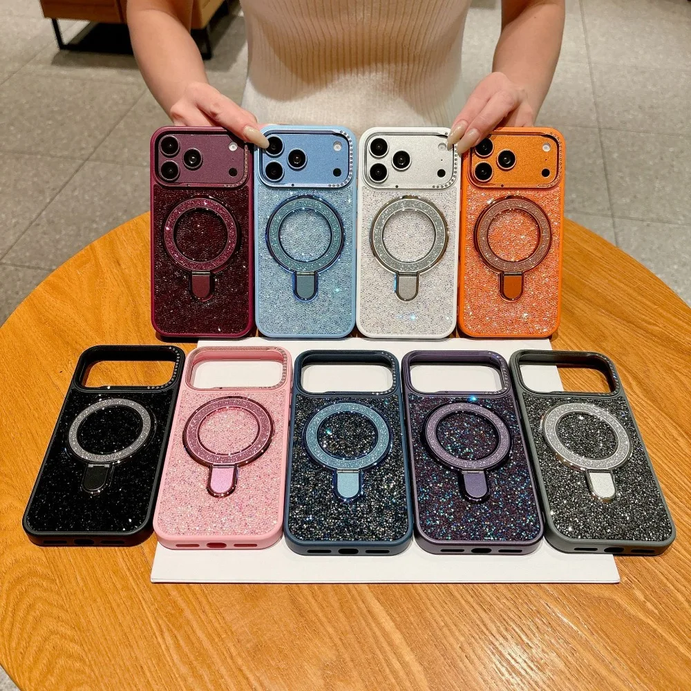 Glitter Rhinestones 360° Magnetic Ring Stand for MagSafe Drop Protection Case for iPhone 18 17 Air 16 15 14 Pro Max 13 Cover