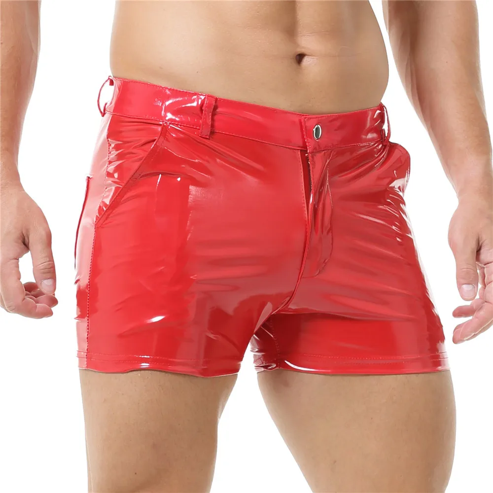 Mode Heren Glanzend Pvc Leren Shorts Latex Nachtclub Korte Broek Rits Mannen Club Feest Dans Casual Shorts Met Zakken