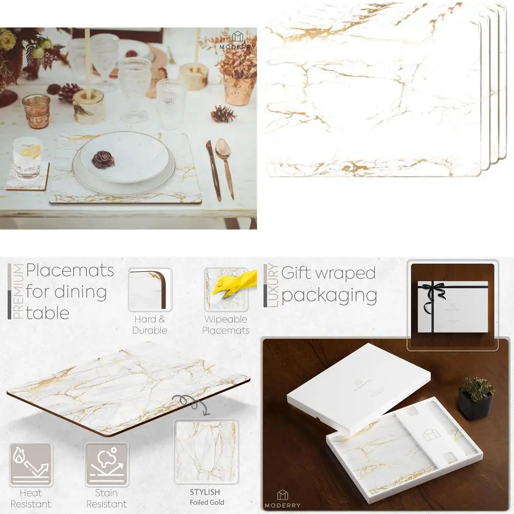 

Набор из 4 термостойких пробковых подставок под тарелки с мраморным дизайном, 16x12 дюймов, с золотистой масляной отделкой