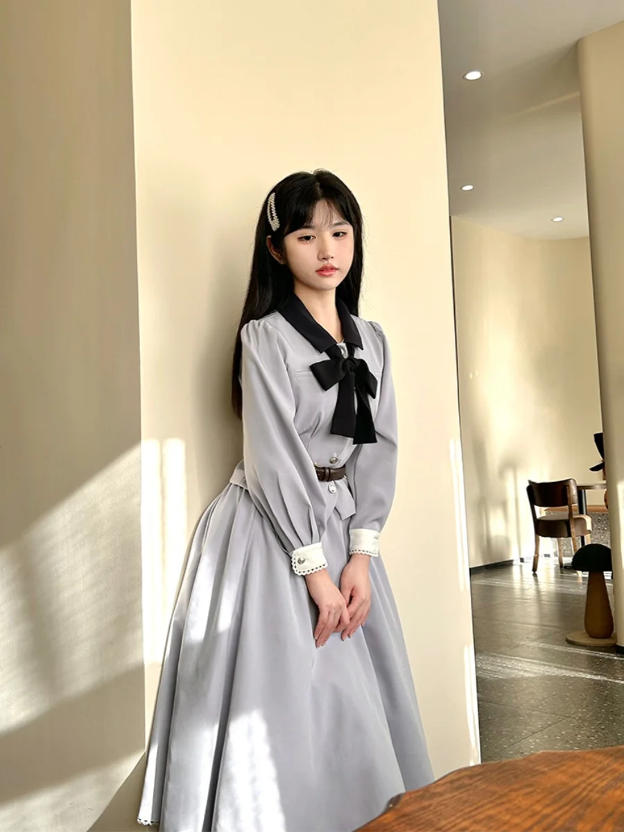 Elegant Classical Lolita Long Sleeve Bowknot Single-Breasted Jacket Tops High Waist Belt A-Line Oversize Long Skirt Sets Women