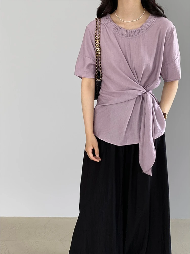 

Korean Style Lace Up Short Sleeved Shirt for Women Summer Loose Fit Slimming Women's Shirt Solid Color Top for Women's Clothing