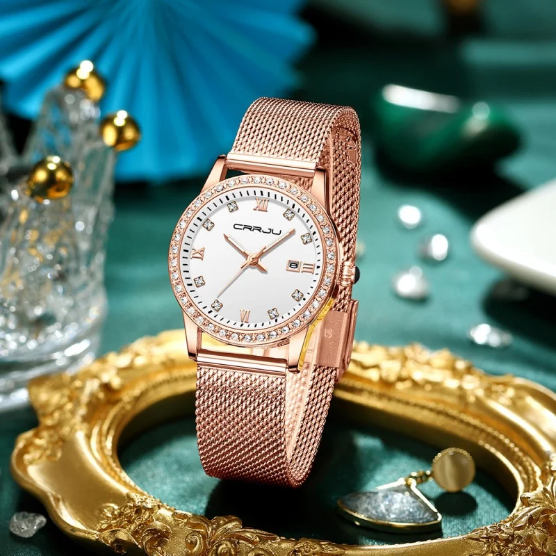Crrju-ダイヤモンド、ステンレス鋼、防水、高級、ローズゴールド、カジュアル、カレンダー、ファッション、レディースの女性用クォーツ時計、2186