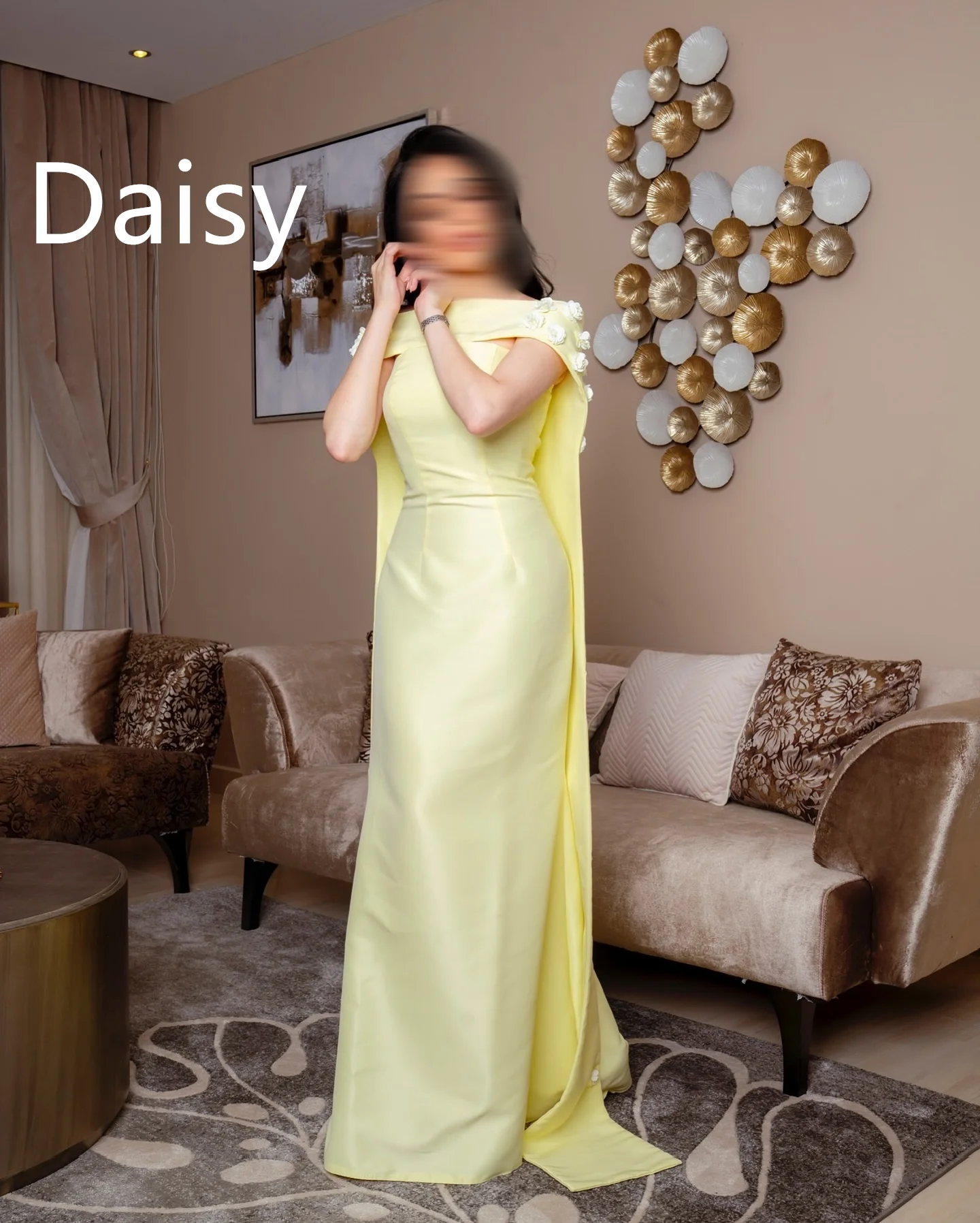 Long Sheath Wedding Party Prom Dresses Bespoke Flowers Yellow Strapless Evening Gowns Shawls Saudi Women Wear Customized image 2