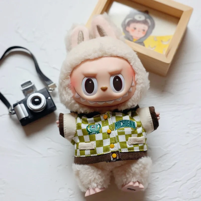

[No doll]For 17cm labubu Cute Vintage checkered baseball uniform Decoration Little Cloths v1/v2/v3 baby clothes cool sweater