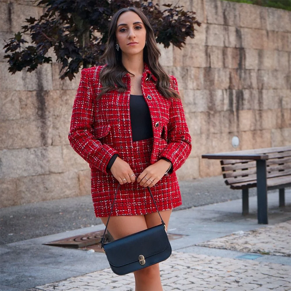 PB&ZA2024 autumn new women\'s clothing temperament commuting texture coarse tweed simple suit jacket high waisted skirt pants set