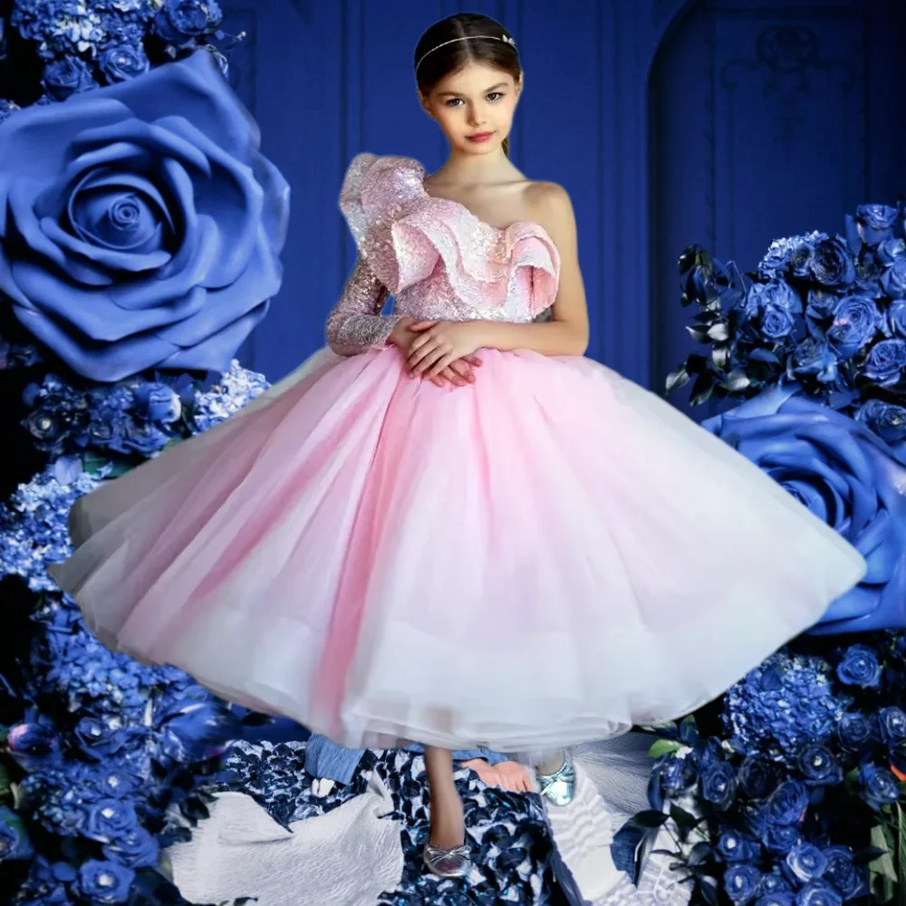 

Pink Quality Flower Girl Dress Pink One Shoulder Puffy Sequined Little Princess Prom Banquet Birthday Party Ball Evening Gowns