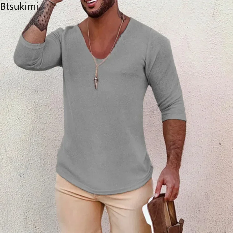 2025 Suéteres de punto de manga larga informales para hombre, ropa de estilo fino para primavera y otoño, jersey de punto con cuello en V sólido,