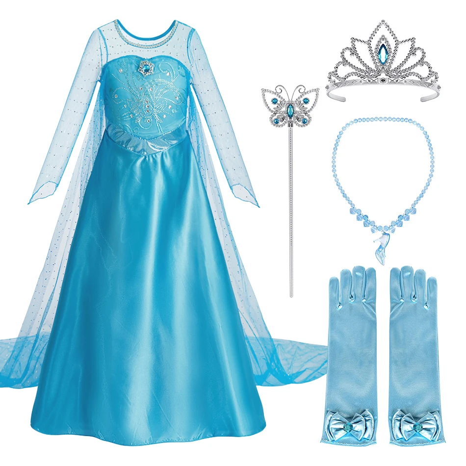 Kids Snow Queen Clothing Girls Princess Cosplay Dress Elsa Christmas Carnival Snowflake Tulle Layered with Accessories Costume