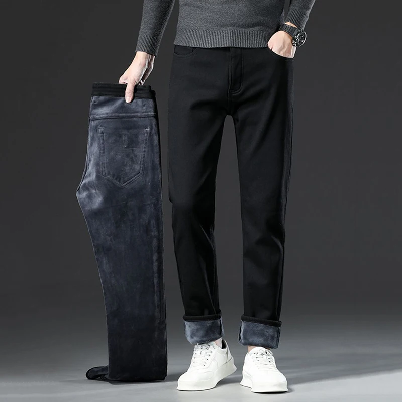 Black Warm Fleece Jeans Men's Winter Thick Elastic Fit Straight Plush Velvet Trousers Casual All-match Fashion Denim Pants