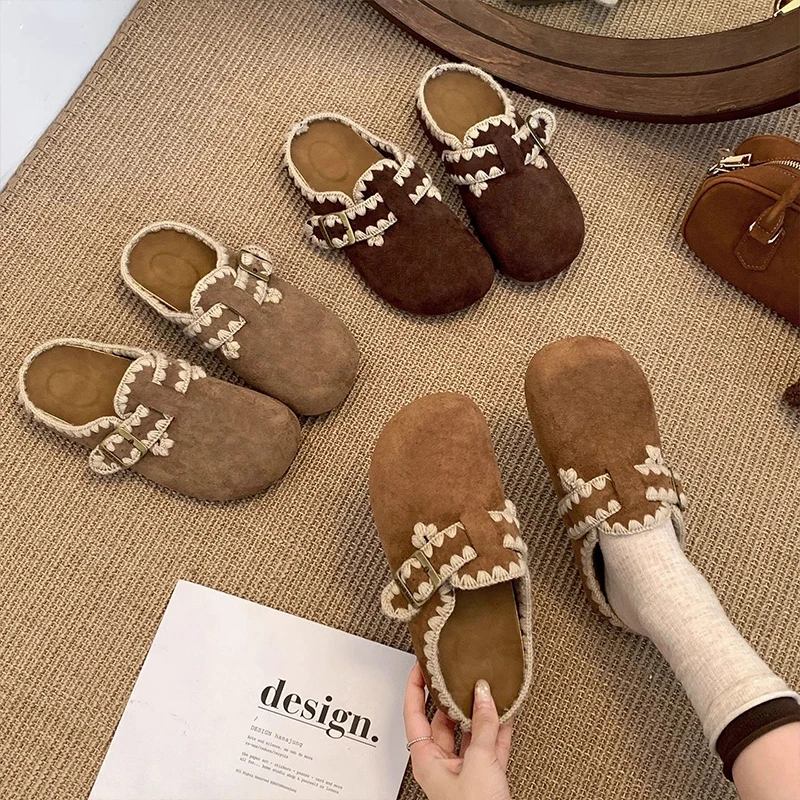 Retro Design Thick Bottom Woven Toe Cover Slippers Casual Birkenshoes Internal Heightening Leisure Half Slippers for Women