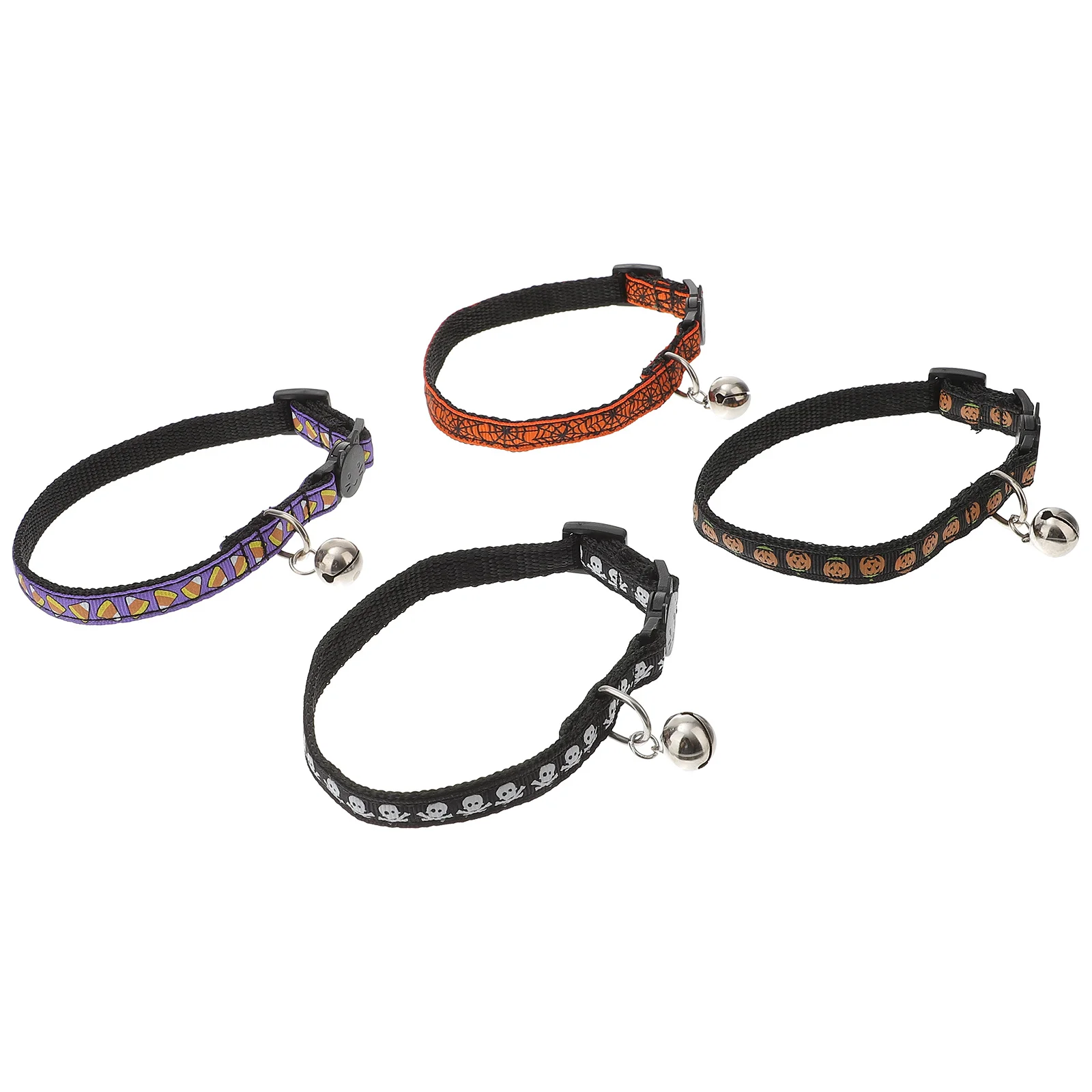 

4Pcs Halloween Pet Collar Elastic Adjustable Spider Web Skull Pumpkin Candy Bell Deep Sound Kitten Cat Puppy Necklace