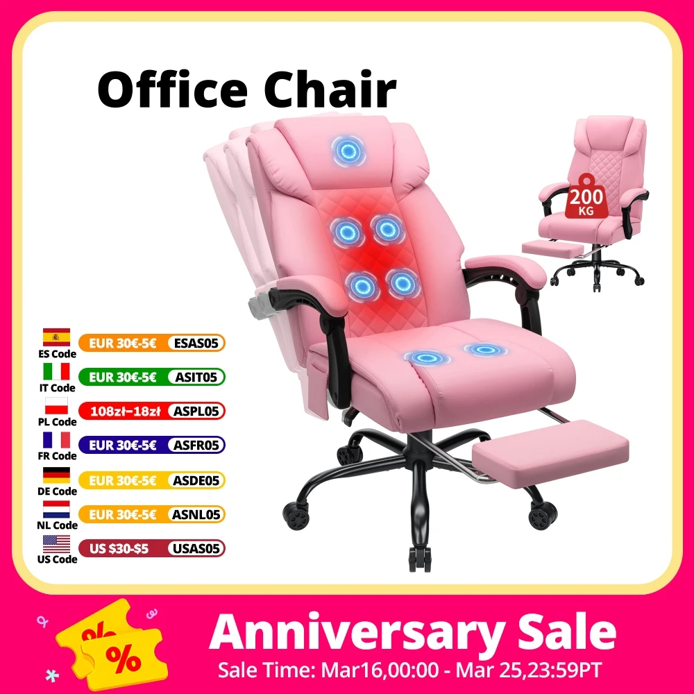 Silla de Oficina Ergonómica para Juegos con Capacidad de Carga de 200 kg, con Calefacción y Reposapiés con 7 Puntos de Vibración, Silla Ejecutiva