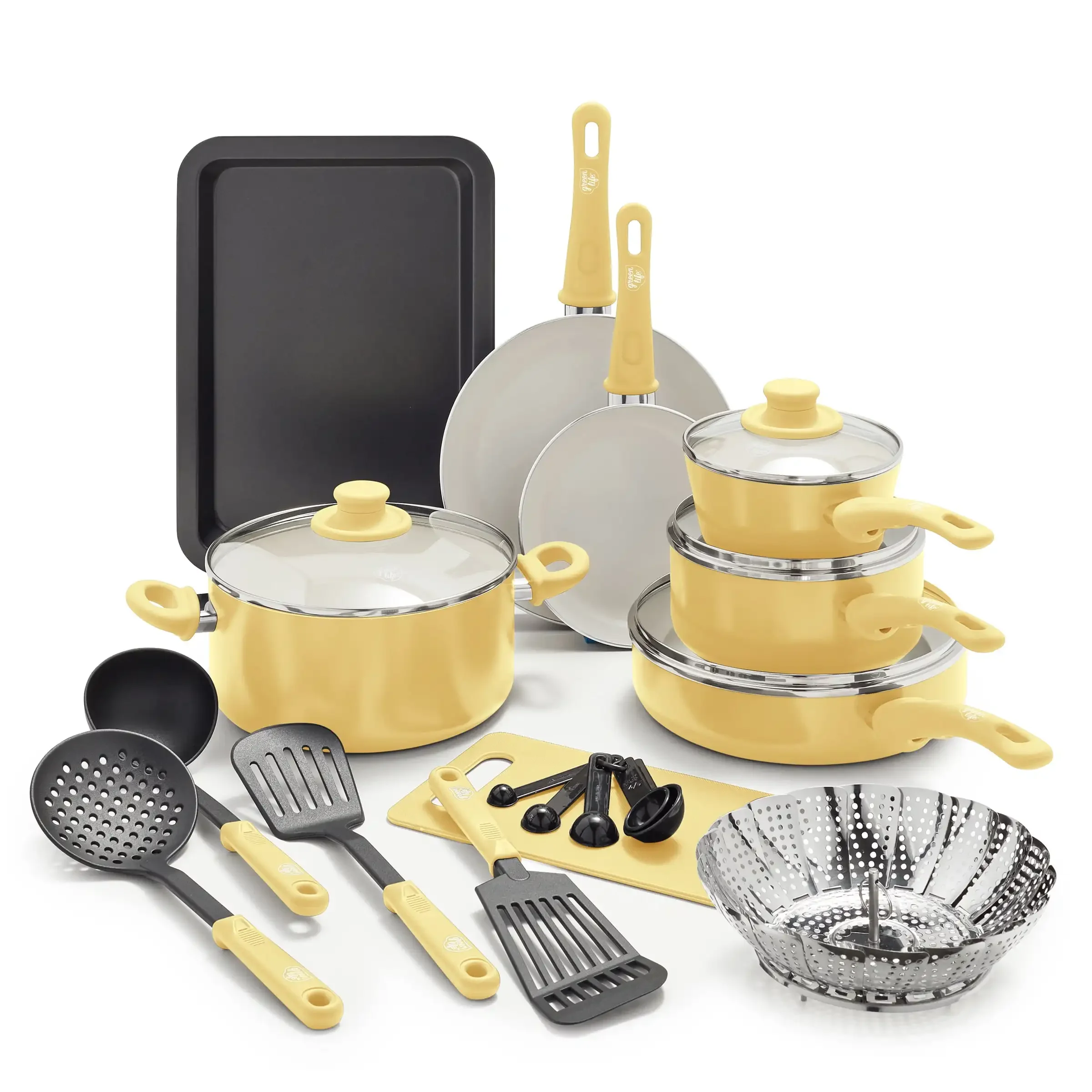 18-Piece Soft Grip Toxin-Free Healthy Ceramic Non-Stick Cookware Nonstick  Set for kitchen, Yellow, Dishwasher Safe