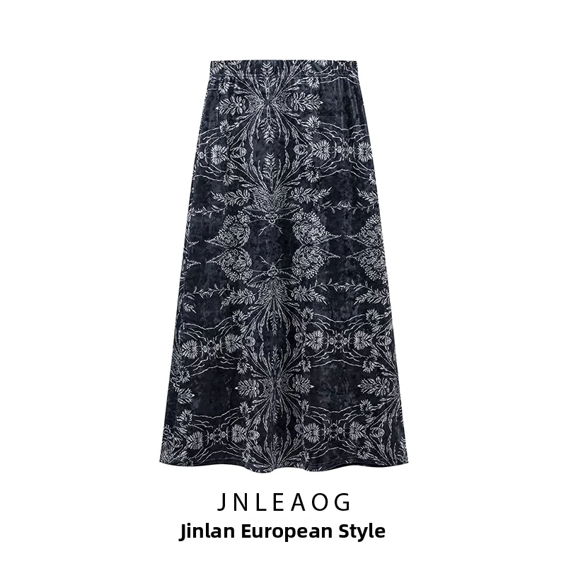 Comfortable Casual Velvet Autumn New Style Women's Skirt with Chinese Ink Painting Design Standard Version A-Line Skirt