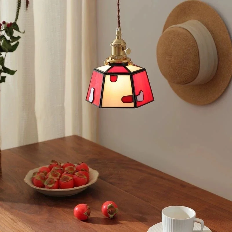 Hand Welded Colorful Pendant Light Geometric Stained Glass Pendant Light with Brass Base for Kitchen Island