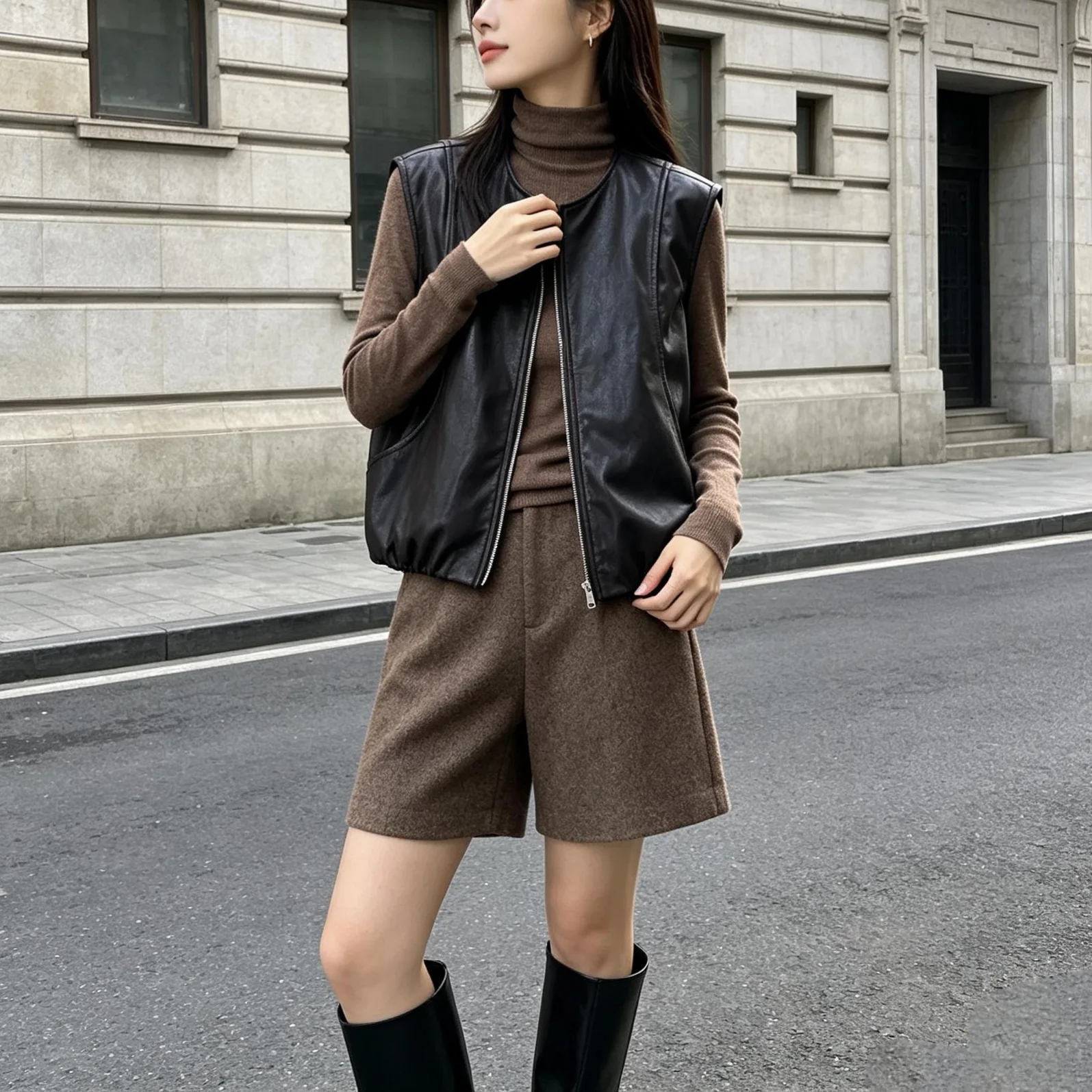 Retro Plant Protein Leather Vest Short Sleeveless Jacket Autumn Winter Outerwear round Neck Zipper Closure  Color