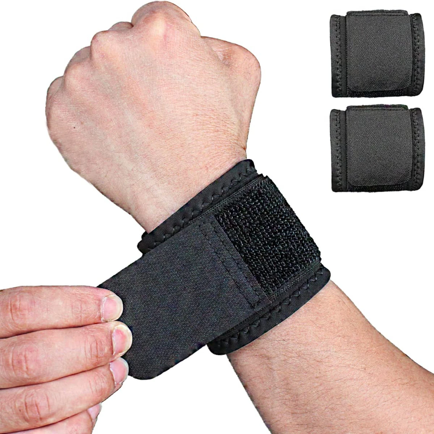 Enhanced Maximum Support and Comfort with 2-Pack Adjustable Black Elastic Wrist Wraps for Fitness and Weightlifting. Pain Relief